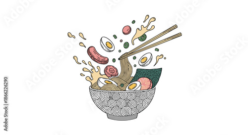 Artistic illustration of a ramen bowl with noodles, eggs, meat, and vegetables splashing out of the bowl in mid air.