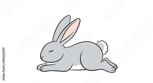 Peaceful illustration of a cute gray bunny rabbit sleeping comfortably on its belly with its eyes closed to rest.