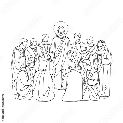 Line drawing illustrating disciples of christ gathered around Jesus. This biblical scene shows twelve followers, disciples of christ, kneeling in devotion and prayer.
