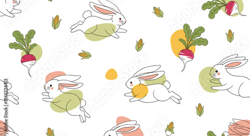 Whimsical seamless pattern of white rabbits jumping among garden radishes and corn over a white background with soft shapes.