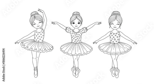 Elegant black and white coloring page of three graceful young ballerinas in different dance poses wearing beautiful tutus.
