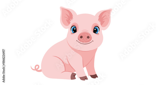 Adorable illustration of a smiling pink piglet with large blue eyes sitting calmly and looking happy on a plain white background.