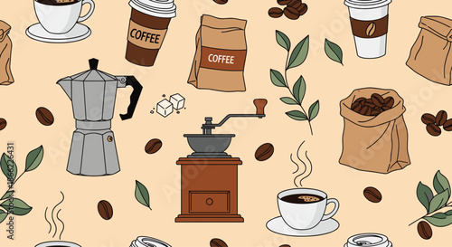 Warm and inviting seamless pattern of coffee related items like cups, pots, beans, and grinders over a light tan background.