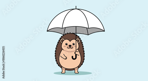 Adorable little hedgehog standing under a large white umbrella on a soft blue background in a cute character illustration.