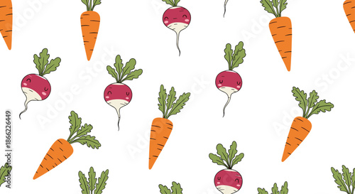 Cute seamless pattern of happy smiling carrots and radishes with green leaves over a clean white background for kitchen decor.