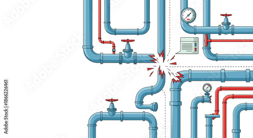 Industrial illustration of a complex network of blue and red pipes with a major break causing sparks and an alarm message.