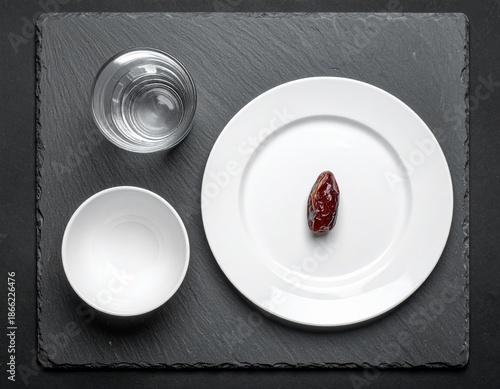 Single Date Fruit on a White Plate with a Small Bowl and Glass of Water on a Dark Slate Surface Overhead Shot