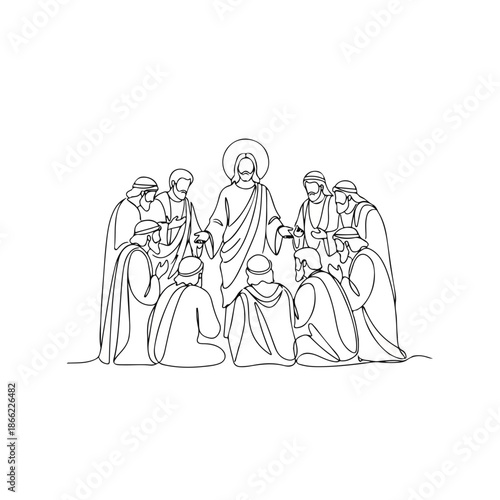 Disciples of Christ shown in continuous line art, depicting apostles gathered with Jesus. Drawing symbolizes devotion, representing faithful disciples of Christ. Perfect for religious media,
