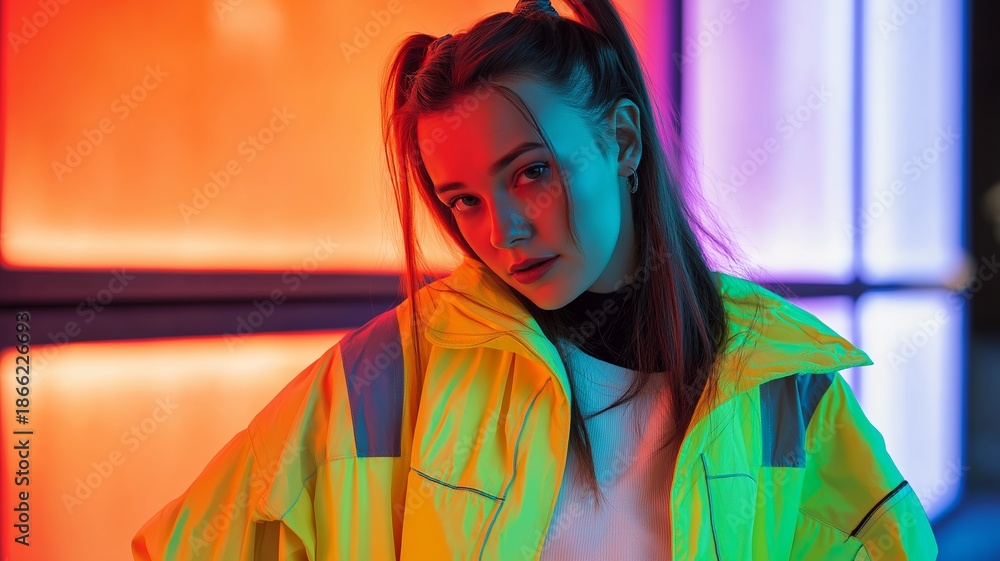 Naklejka premium Modische Porträts junger Frauen in farbenfrohem Neonlicht mit modernem Lifestyle-, Fashion- und Urban-Look