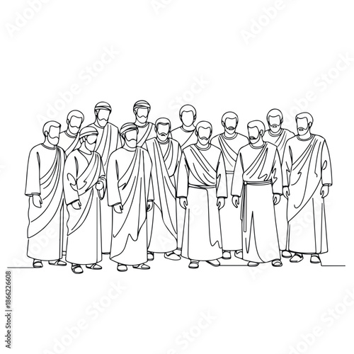 Continuous line drawing shows disciples of Christ, twelve ancient figures standing. Biblical scene depicts apostles, followers of Jesus, new testament narrative.