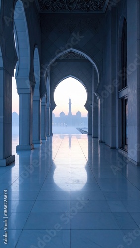 Grand Mosque Arches Illuminated By Soft Morning Light With Distant Minaret Silhouette Reflecting On Polished Floor