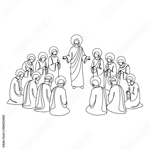 Disciples of Jesus gathered, receiving divine teachings. This line art shows twelve apostles, symbolizing faith and guidance for followers of Christ. Ideal for religious education or Christian media.
