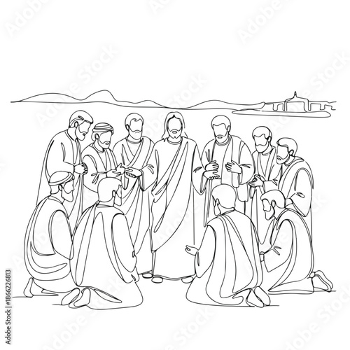 Line art shows disciples of Christ with Jesus, apostles kneeling, New Testament scene. This spiritual image depicts disciples of Christ receiving wisdom, ideal for religious education.