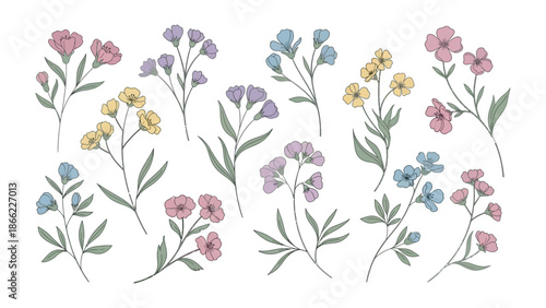 Floral Embellishments: Assortment of delicate flower arrangements, capturing the essence of spring's botanical beauty, and ideal for design or decoration.