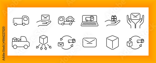 Delivery set icon. Truck, parcel, envelope, mail, package, courier, distribution, logistics, hands, gift, transport, system, online, exchange, shipment, supply