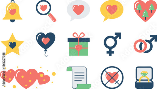 Complete love and romance icon set featuring hearts bells gift boxes engagement rings gender symbols and Valentine's day celebration elements