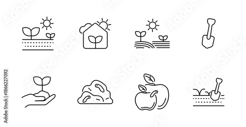 Farming set icon. Sprout, greenhouse, plowed field, shovel, hand, soil, apples, agriculture, nature, harvest, cultivation, seed, plant, organic