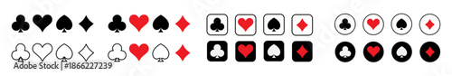 Cards suit icon set. Heart, spade, diamond and club shapes vector illustration. Poker and casino symbols for game interfaces and  gambling sign
