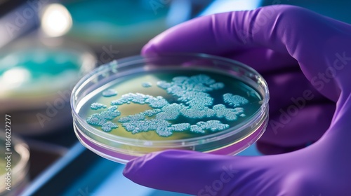 Medical laboratory analysis image capturing fungal culture examination, researcher's purple-gloved hand precisely holding transparent petri dish containing mature Penicillium expansum colonies,