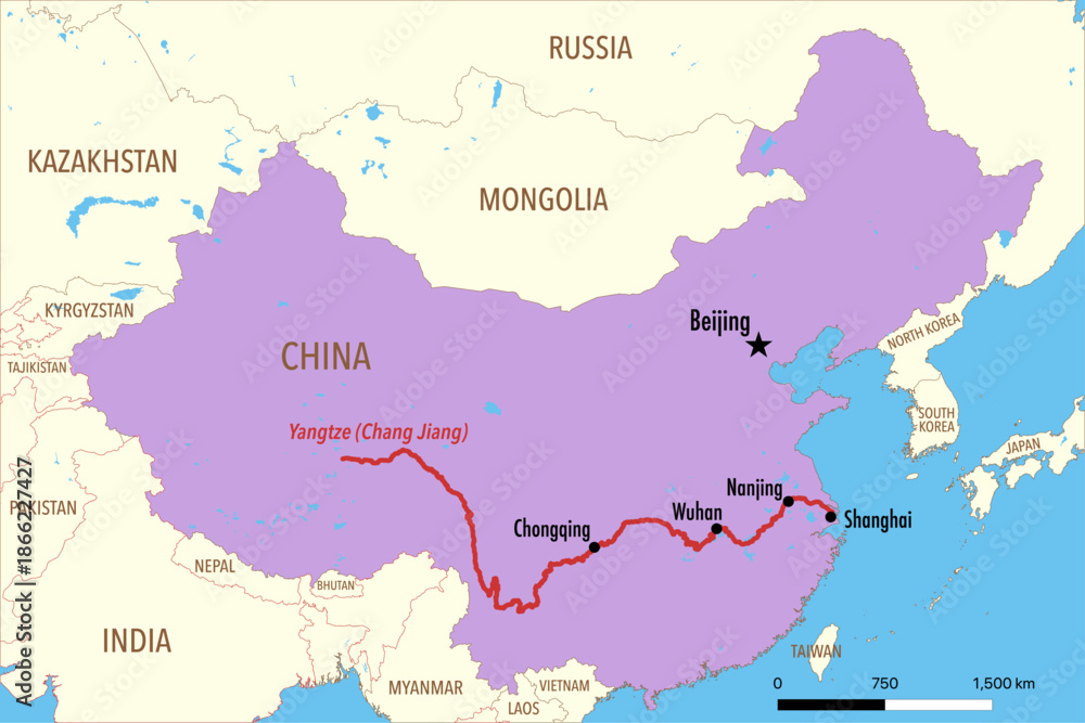 Fototapeta premium Vector Map of the Yangtze River Route with Major Cities and Delta in China