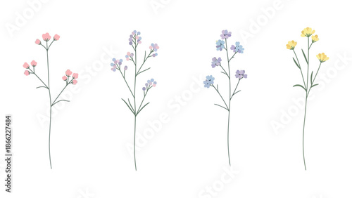 Delicate Blossoms Array: A collection of exquisitely rendered delicate sprigs, each adorned with tiny, colorful blossoms, showcases the intricate beauty of floral designs.