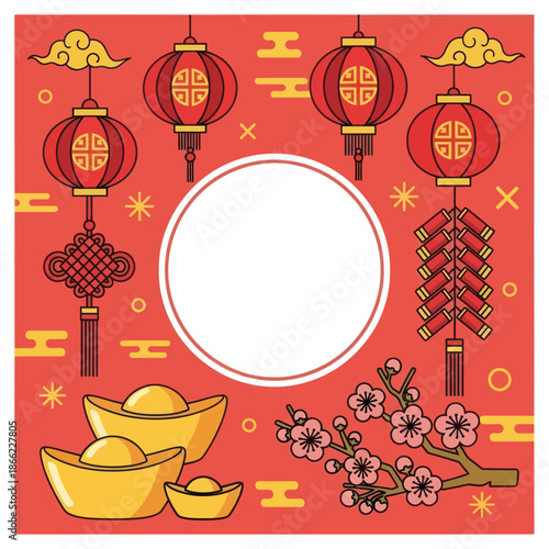 Chinese New Year red background with lanterns and gold ingots.