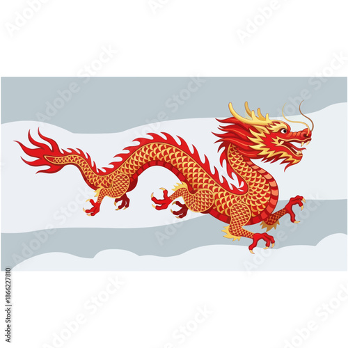 Vibrant Red Dragon Illustration with Golden Accents.
