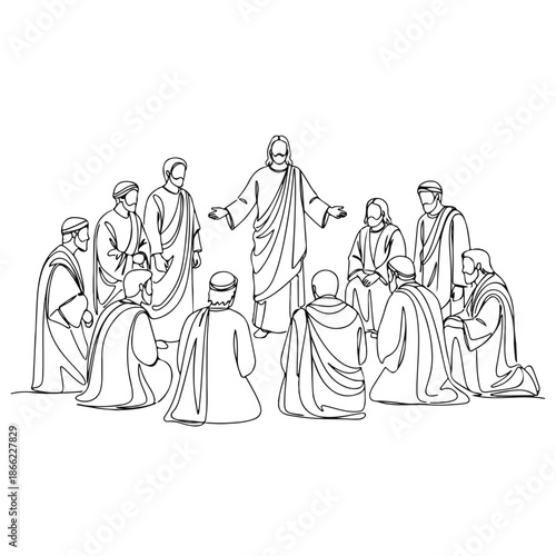 Line art shows Disciples of Christ with Jesus. New Testament scene depicts apostles receiving spiritual guidance, profound faith. Useful for religious study, church media,