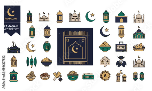 Ramadan Kareem Vector Icon Set with Islamic Lanterns, Mosque, Moon, Prayer Mat, and Iftar Food Elements for Eid Celebration.