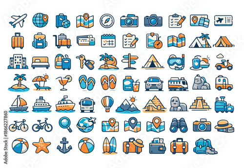 Travel and Vacation Line Icon Set: Tourism, Summer Holiday, Transportation, and Outdoor Adventure Elements