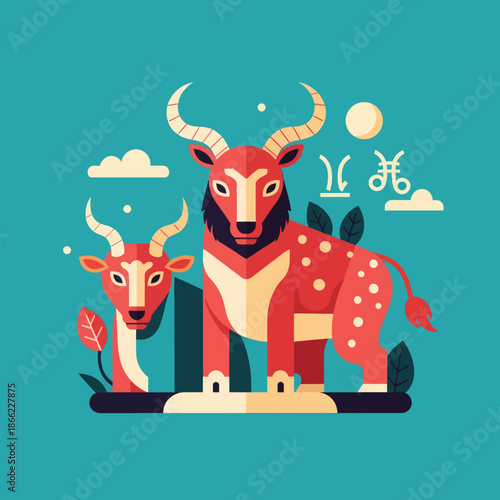 Illustration of Taurus Zodiac Sign with Bull and Calf.