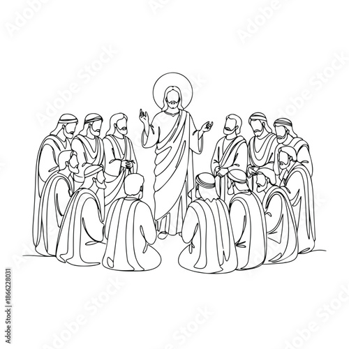 Line art, Jesus teaching disciples of Christ. Apostles gathering, receiving spiritual guidance, New Testament lessons for disciples of Christ. Education concept, inspiring faith,