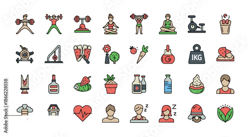 Healthy Lifestyle and Fitness Icon Set: Vector Illustrations of Gym Equipment, Wellness, Diet, Nutrition, Yoga, and Mental Health Symbols