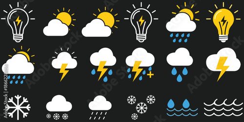 Weather Icons and Metaphorical Concepts: A curated set of weather symbols seamlessly blends with concepts of innovation, illuminating elements of nature, electricity, and water.