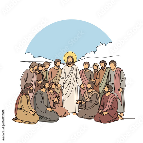 Illustrative depiction of disciples of christ gathered around Jesus under clear sky. Apostles, followers of Jesus, listen attentively, reflecting pivotal New Testament scene of spiritual teaching.