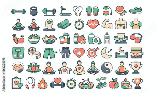 Healthy Lifestyle and Fitness Icon Set: Wellness, Diet, Gym Equipment, and Mental Health Vector Illustrations