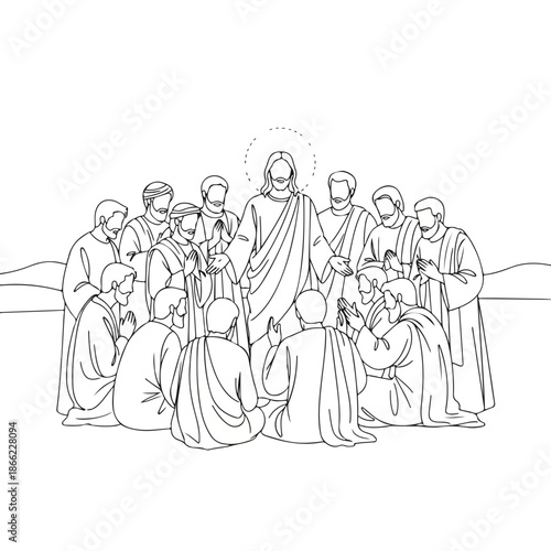 Line art illustration showing Jesus addressing his followers, portraying disciples of Jesus gathered in a sacred setting.