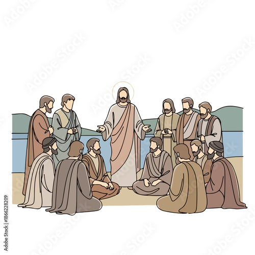 Jesus teaching his disciples of Christ, gathered outdoors in a religious setting with serene background. Disciples of Christ listening attentively to spiritual wisdom.