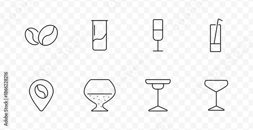 Beverage set icon. Coffee bean, milk glass, champagne, cocktail, drink with straw, location pin, brandy, wineglass, martini.