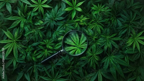 Cannabis Research: Magnifying glass over fresh marijuana leaves in dark greenery