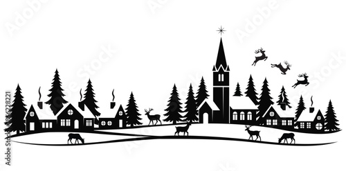 Winter Village Silhouette: A serene silhouette portrays a picturesque winter scene, complete with cozy houses, a towering church, and playful reindeer, creating a sense of seasonal joy and community.