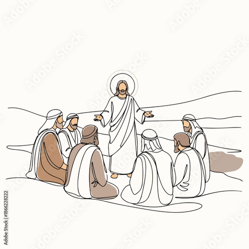 Minimalist line art depicts disciples of Jesus attentively listening to spiritual teaching from Christ. This sacred illustration features a group of men gathered around a central figure,