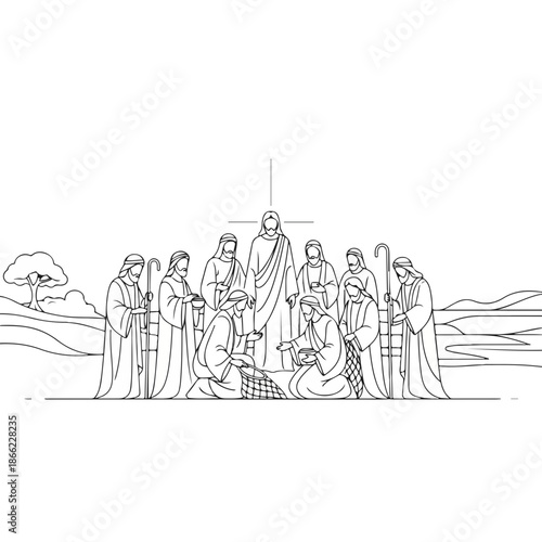 Line art illustration showing disciples of Christ with central figure, sacred scene from bible. New Testament scene includes apostles receiving divine teachings.
