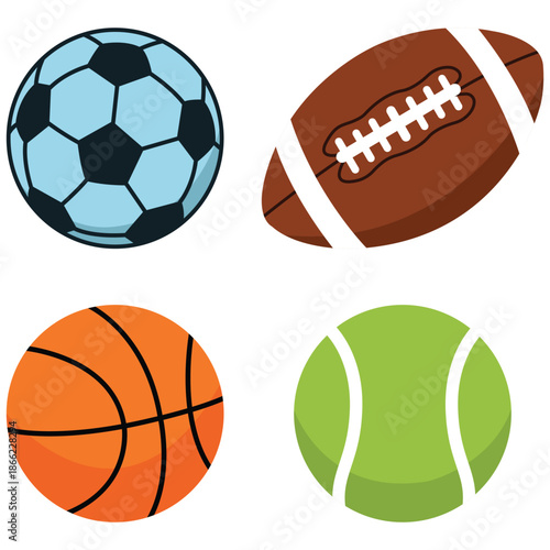 Sporting Arsenal: A quartet of sports balls, each representing a different game. Featuring a soccer ball, an American football, a basketball, and a tennis ball.