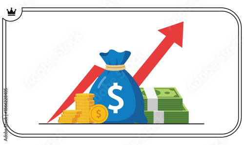 Financial Growth: Visual representation of financial prosperity with a blue money bag, a rising red arrow, stacked dollar bills, and golden coins, symbolizing economic expansion and wealth creation.