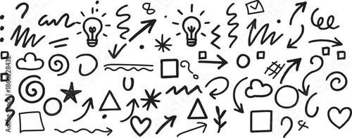 A collection of hand drawn doodles and symbols on a white background