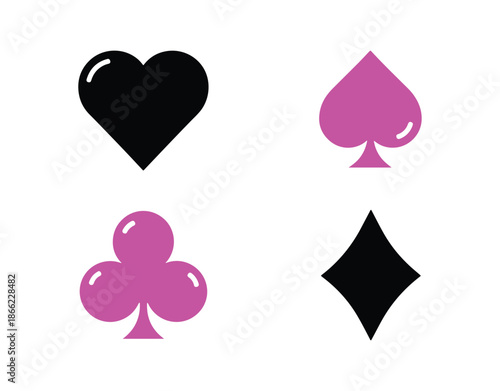 Heart, spade, club, and diamond. Icons of playing card suits in a sleek, modern geometric style. A set of vector card symbols.