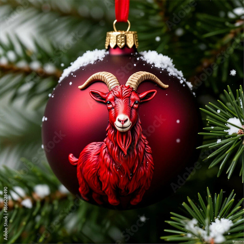 A luxurious, beautiful red Christmas tree ball with a volumetric relief symbol of the Year of the Goat against the background of a Christmas tree, perfect for a New Year's party.