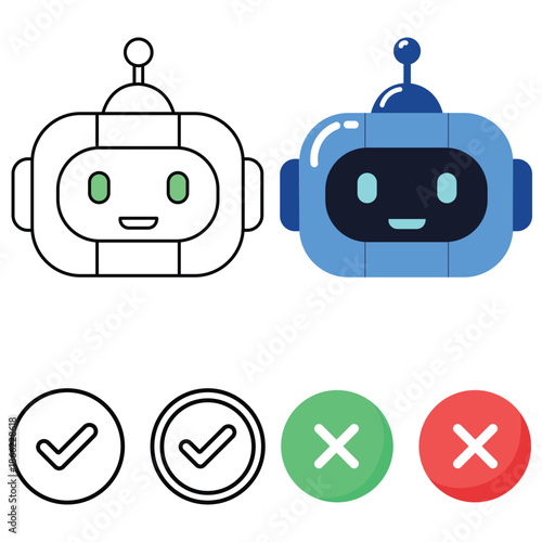 Digital Assistant and Verification Icons: Two digital assistants and verification icons symbolize digital validation and processing. Representing technology and virtual interaction.