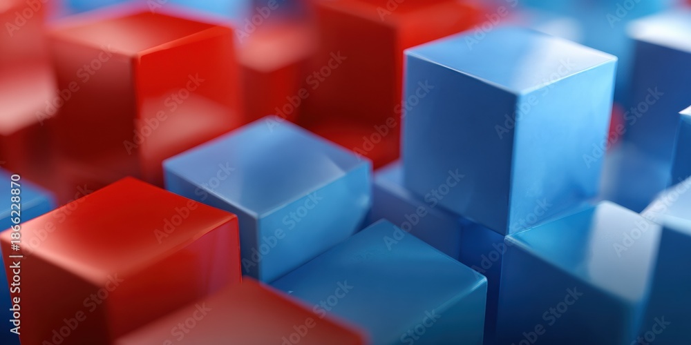 Fototapeta premium Abstract 3d red and blue cubes: vibrant geometric pattern in soft focus